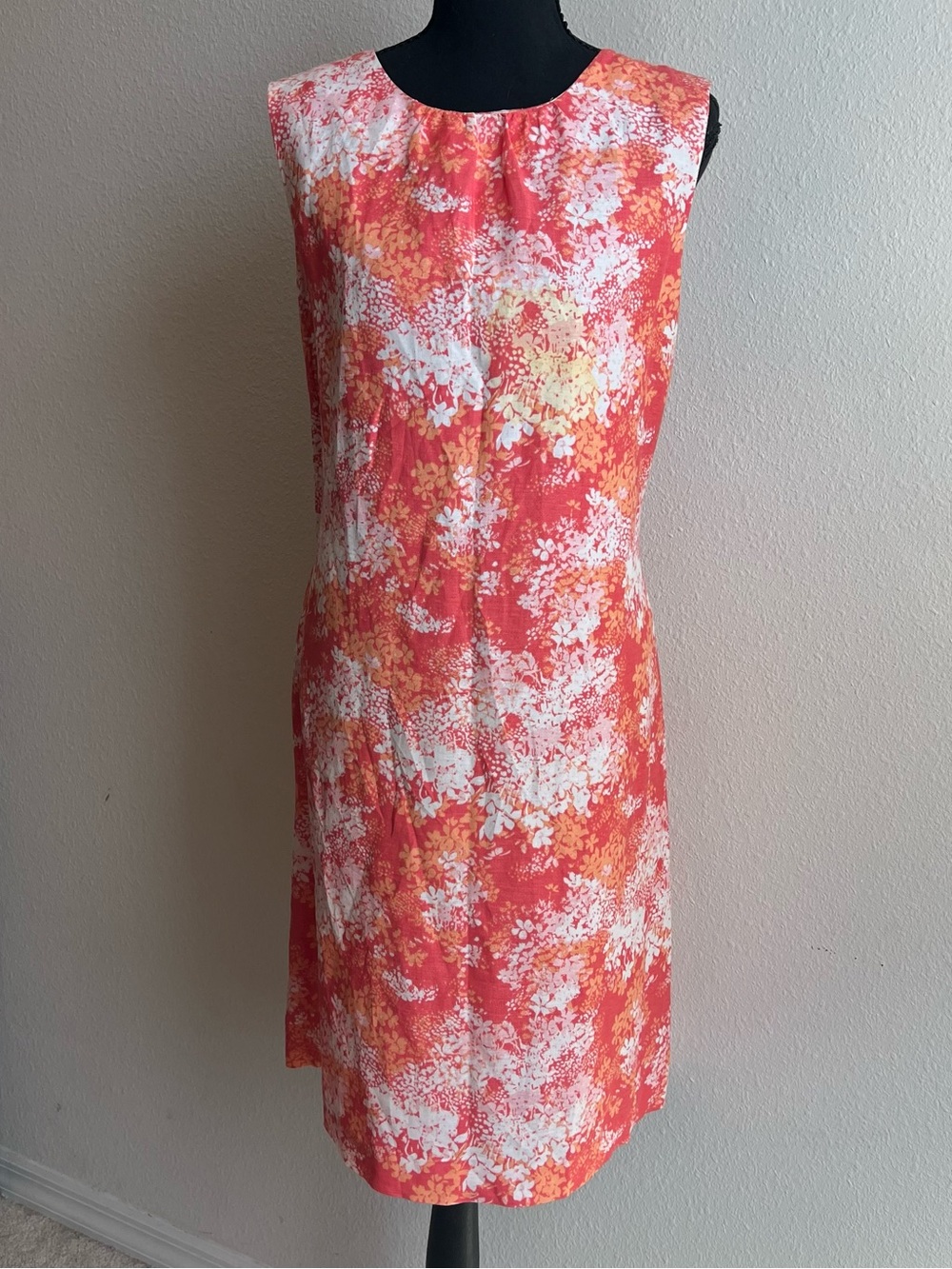 Madison Coral and White Floral Sleeveless Linen Shift Dress Wedding Guest Beach